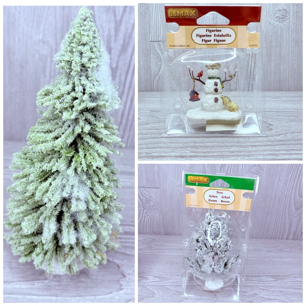 Lemax 2 chritmas trees Christmas village and snowman ( missing nose ) decoration